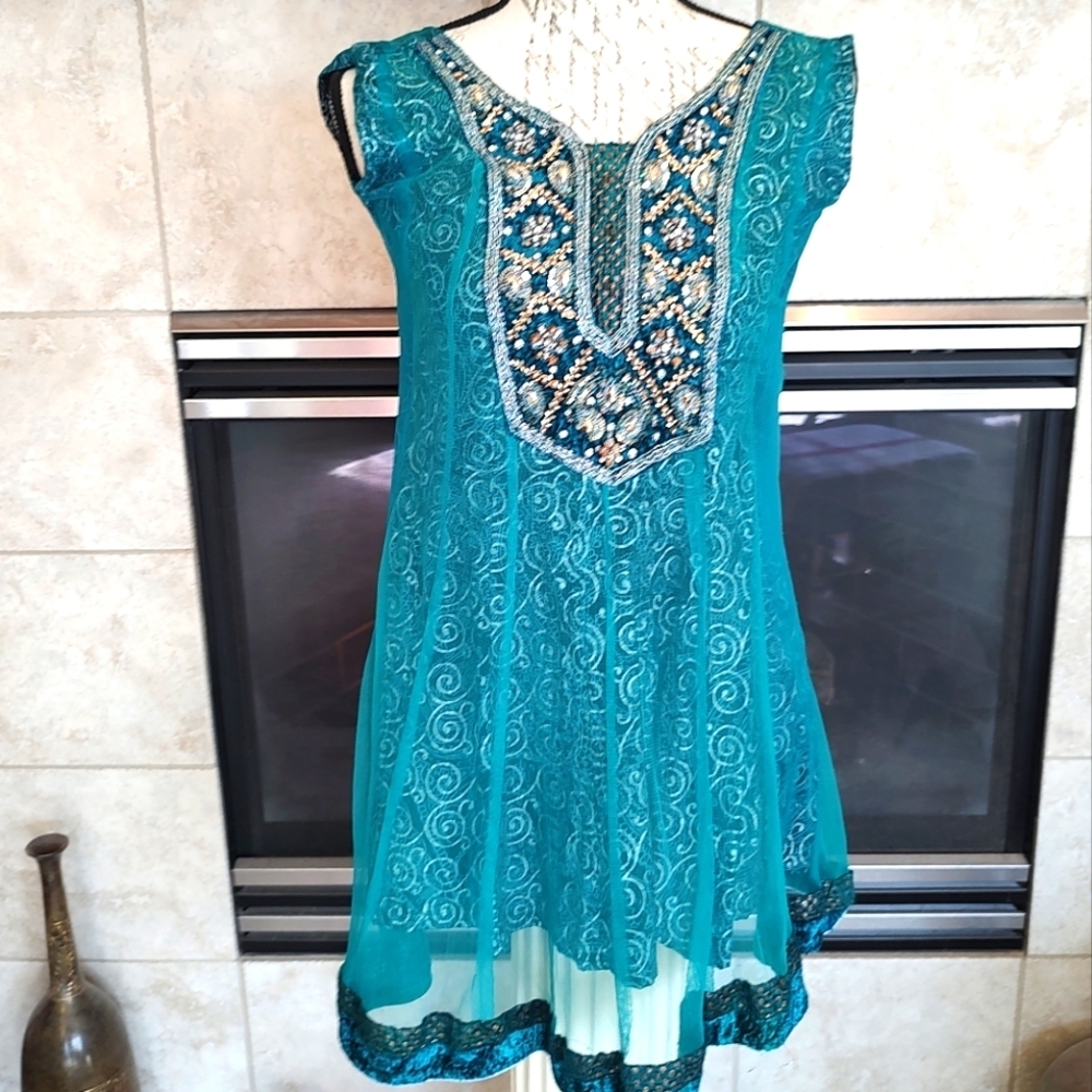 💥3/$20 Darshan Girls Green Beaded Lined Indian Dress Size 30 or Costume!